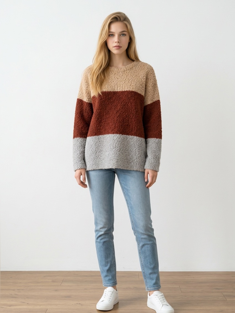 Colorblock Popcorn Knit Slouchy Sweater Cream Tan Brown Side Slits Size Small